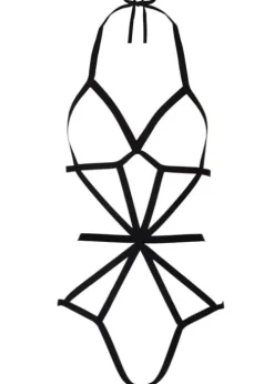 Cheap Leg Avenue Opaque Long Sleeve Bodystocking With Harness Overlay Black
