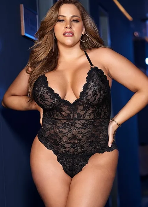 Hot Mary Portas Mapale V Neck Lace Plus Size Bodysuit Black