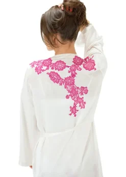 Fashion Marjolaine Silk And French Lace Short Robe Ivory Ivory Fuchsia