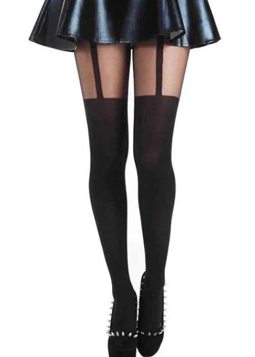 Clearance Pamela Mann Plain Stripe Mock Suspender Tight Black