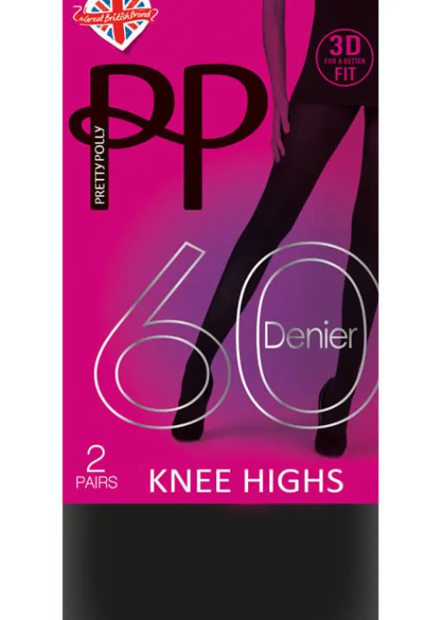 New Pretty Polly 60 Denier New 3D Opaque Knee Highs 2 Pair Pack Black